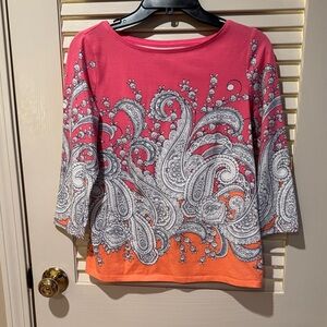 Talbots Vibrant Pink and Orange Paisley 3/4 Sleeve Top size SP